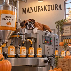 3d kreslený boxer leží na stroji,který vyrábí dýňový sprchový gel,na stěně je nápis MANUFAKTURA,pod nápisem není obrazec