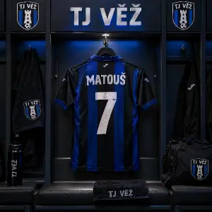TJ Věž je fotbaloví klub chci napiš tj věž a na tom vzor černo modrý tmavě modrý s jménem Matouš a cislem 7