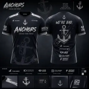 esport dres, něco co má spojené s kotvou, se nazýváme Anchors (kotvy, všichni jsme špatní), dej tam falešné sponzory