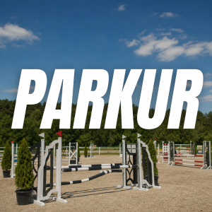 Bílý nápis parkur s pozadím parkuru