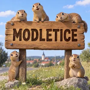 3d kreslená dřevěná cedule, je tam napsáno MODLETICE, na ceduli je několik syslů
