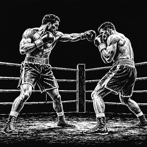 Bílá kresba dvou boxerů v ringu