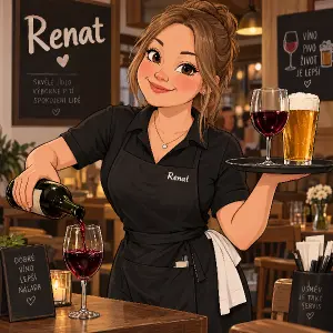 Jméno Renat
Kreslené
Pracuje jako servírka
Má rada víno a pivo
Světle hnědé vlasy
Lehce baculatá tvář
Menší prsa