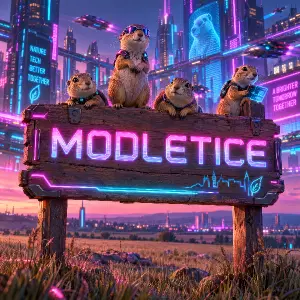 Na poli je 3D kreslená dřevěna cedule s nápisem MODLETICE, na ceduli je několik syslů