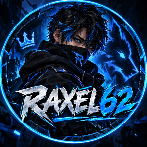 Gaming logo pro YouTube značku RAXEL62. Uprostřed je stylová herní postava s černými rozcuchanými vlasy s modrými pramen