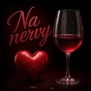 Text: Na nervy, obrázek srdíčka a sklenička vína s kapkami