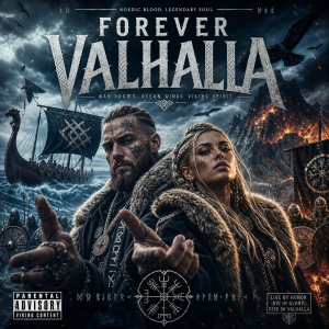A powerful Nordic rap anthem titled "Forever Valhalla" forged from war drums, ocean winds, and Viking spirit. Male and f