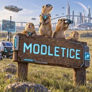 Na poli je 3D kreslená dřevěna cedule s nápisem MODLETICE, na ceduli je několik syslů