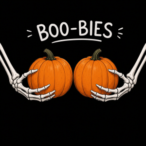 dve ruky kostlivca (biele), každý drží tekvicu. Jedna je z prava druhá z ľava, má to byť vtip, že tekvice sú prsia