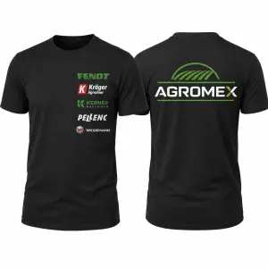 Vytvoř potisk s logy AGROMEX na zádech a logy vpředu FENDT, Kröger Agroliner, Kerner Maschinen, Pellenc a Weidemann.