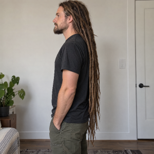 White man with long brown dreadlocks (to his butt, photo is from the side)