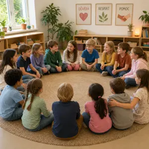 15 dětí, kteří sedí v kruhu, ve kterém si důvěřují, chovají se k sobě s respektem a pomáhají si