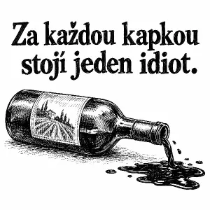 Věta: za každou kapkou stojí jeden idiot. Obrazek převržené láhve od vína a jak z ní teče víno