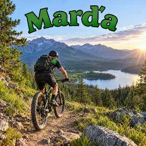 Horske kolo s cyklistou,okolo příroda.Nahore nad obrázkem jméno Marďa.