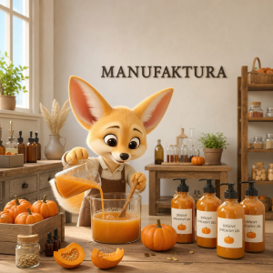 3D kreslený fenek vyrábí dýňový sprchový gel,na stěně je nápis MANUFAKTURA,nad ním není obrazec,místnost je světlá