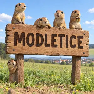 Na poli je 3D kreslená dřevěná cedule s nápisem MODLETICE, na ceduli je několik syslů