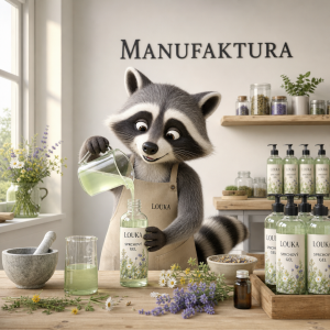 3D kreslený mýval vyrábí sprchový gel LOUKA, na stěně je napsáno MANUFAKTURA, NAD NÁPISEM není obrazec, světlá mistnost