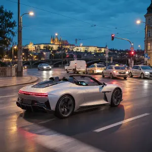 Oddal záběr a dokresli celé auto: doplň chybějící zadní část vlevo včetně červeného LED pruhu vzadu, celého zadního kola a zadní části karoserie. Auto musí být celé uvnitř záběru, nic neoříznuto. Ostatní ponech stejné: stříbrné auto, stejné světlo, ulice a pozadí.