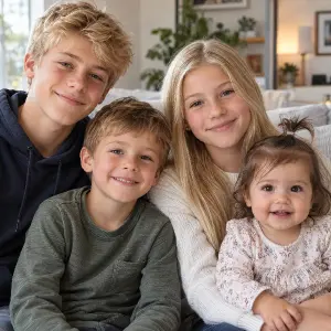 starší chlapec blond a mladší světle hnědé vlasy, dívka blond 12 let, dívka tmavě hnědé vlasy 1 rok