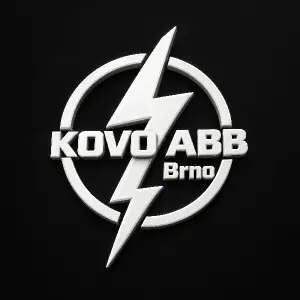 logo v bílé barvě, blesk s textem KOVO ABB Brno, velikost loga cca 3cm