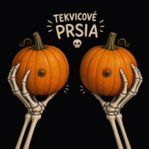 dve ruky kostlivca, jedna vpravo druhá v lavo, kazda drzi tekvicu. my to byt vtip, ze tekvice su prsia