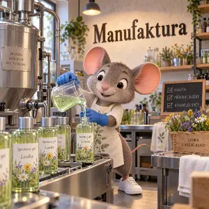 3D kreslená myš vyrábí sprchový gel louka, ma bílé tenisky a modré rukavice po kloub, na stěně je nápis Manufaktura