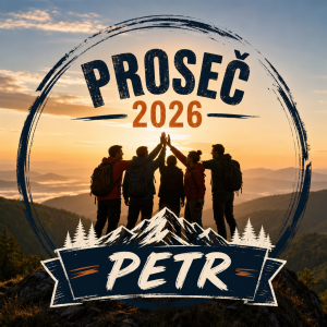 teambuilding motiv, text: "Proseč 2026" a k tomu jméno "Petr"