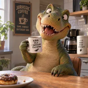 humorný dinosaurus pijící kávu