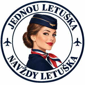 Hlava letušky s kloboučkem a šátkem a kolem nápis Jednou letuška Navždy letuška