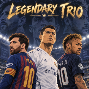 vytvoř mi obrazek s mesim, ronaldem a neymarem a nahoře nadpis legendary trio