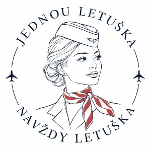 Hlava letušky s lodičkou a šátkem a kolem nápis Jednou letuška Navždy letuška