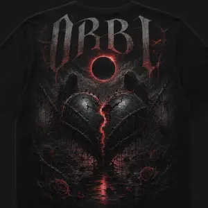 Dark ORBI back print, broken heart, thorns, eclipse, shadows, red accents, gothic emo-rap style