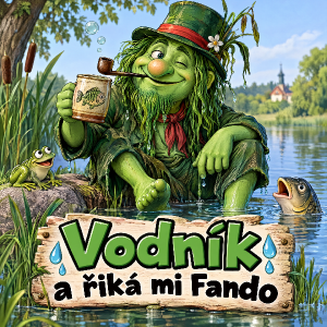 Vtipný vodník a pod nám nápis: Vodník a řiká mi Fando