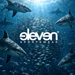 oceán plný ryb a kolem krouží žraloci, logo značky Eleven sportswear