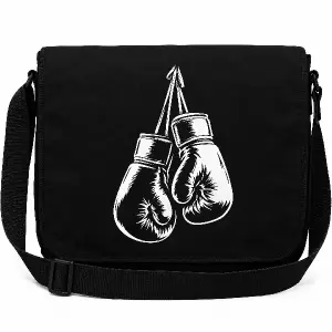 Bílý potisk na černou tašku přes rameno, která bude dárek pro kluka 15 let, který má rád box. Potisk - symbol boxu.