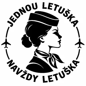 Hlava letušky s lodičkou a šátkem a kolem nápis Jednou letuška Navždy letuška