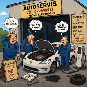 Vytvoř obrázek neschopného autoservisu který neumí opravit elektroauto, jednoduchý kreslený komický
