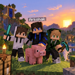 tři postavy v minecraftu s prasetem, přidej nickame Arkshak