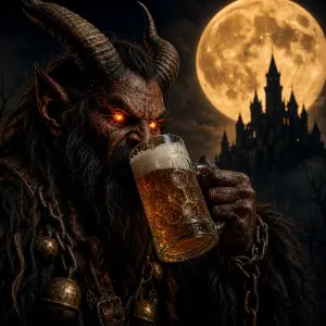 Čert krampus pijící pivo z oroseného půllitru na pozadí svítící měsíc a silueta hradu, čert ať má jiskřící oči