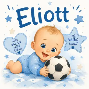 Miminko jméno Eliott,fotbalový míč,malý velký bráška.Veselé,dětské,kreslené,bez figurek,jen miminko