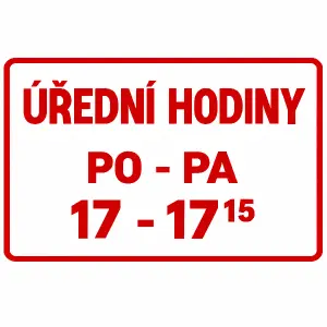 Úřední hodiny po - pa 17-17:15 v rámečku bili text červený ramecek