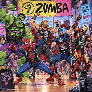 Hulk, spiderman, thor, capitan america a Iron se sejdou na zumba akci a jsou všichni šťastní