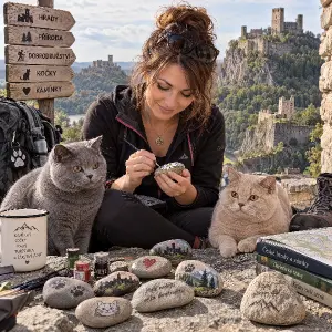 žena malující kamínky, kočky britská šedá a béžová, turistika po hradech