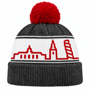 Edit this beanie. Make the white band much taller: it should cover about 40% of the hat height
(from just above the cuff up to the middle of the crown). Keep the thin dark grey lines above and below it.
Replace the skyline with a BIGGER and SIMPLER red outline that fills about 80% of the band height,
drawn with a thicker line (2 knit stitches wide). Only these 4 elements, left to right:
1) a low wide town hall with a small spire,
2) a slim church tower with a tall pointed roof,
3) Turning Torso