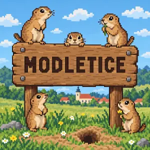 3d kreslená dřevěná cedule, je tam napsáno MODLETICE, na ceduli je několik syslů
