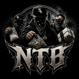 vytvor logo NTB v gangsterskom štyle kde budu traja chalani čo držia drogy a maju šatky