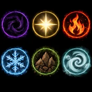 six kind of lements form glommhaven. Dark, light, fire, frost, earth and wind. Each in circle of its appropriate colour.