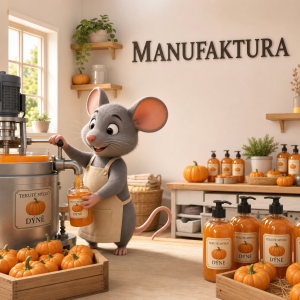 3d kreslená myš vyrábí tekuté mýdlo dýně, na steně je nápis MANUFAKTURA, pod nápisem není obrazec místnost světlá