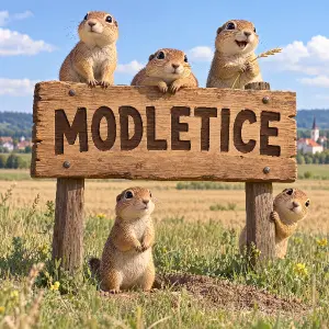 Na poli je 3D kreslená dřevěna cedule s nápisem MODLETICE, na ceduli je několik syslů