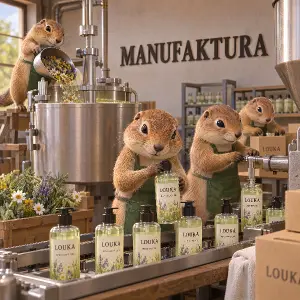 Několkk 3D kreslených syslů vyrábí sprchový gel LOUKA, na stěně je nápis MANUFAKTURA, pod ani nad napisem neni obrazec